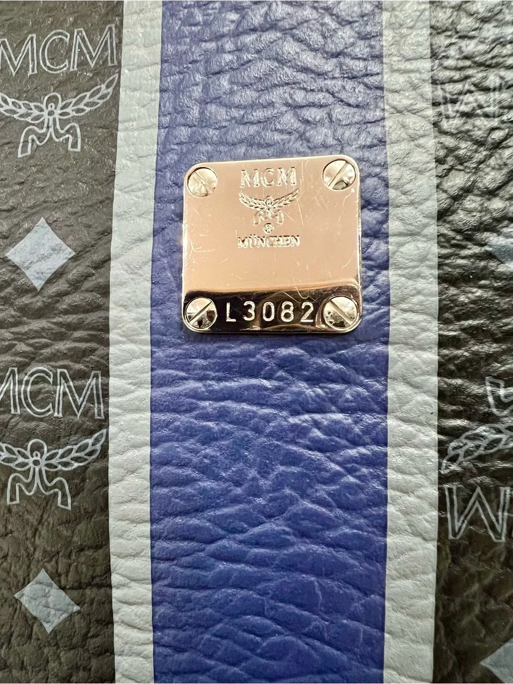 MCM Black and Blue Logo Stripe Briefcase